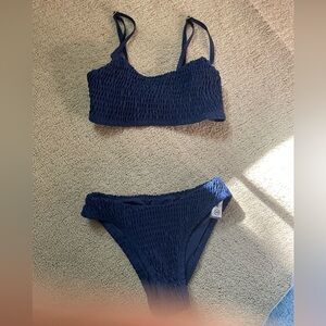 Mossmann WOMEN’s BIKINI BOTTOM TOP SWIMSUIT SET navy blue ruched textured XS